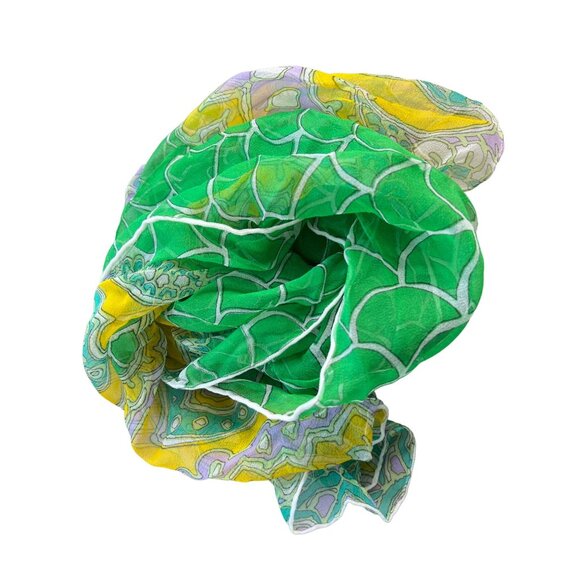 Vintage Chiffon Rectangle Scarf Green Mermaid Scales Silk Blend Neck Wrap - Picture 2 of 4
